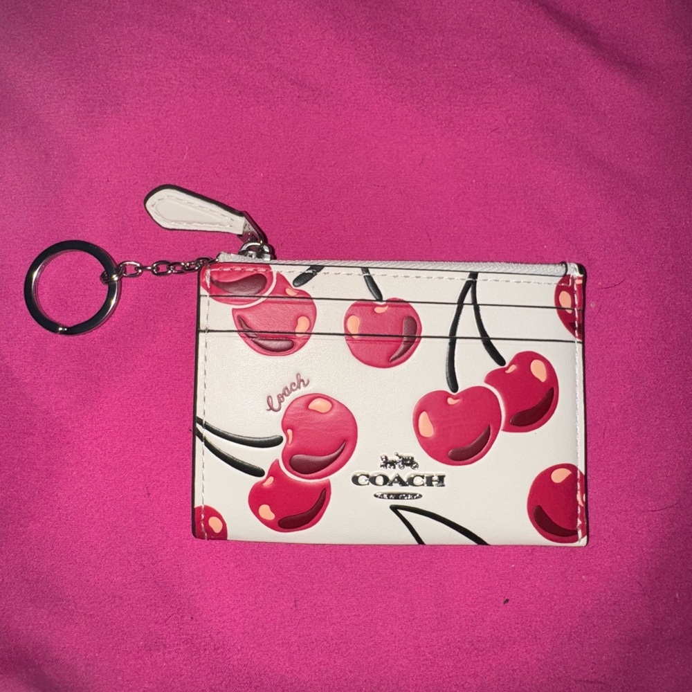 Coach White and Red Cherry ID Card Case w/ keychain